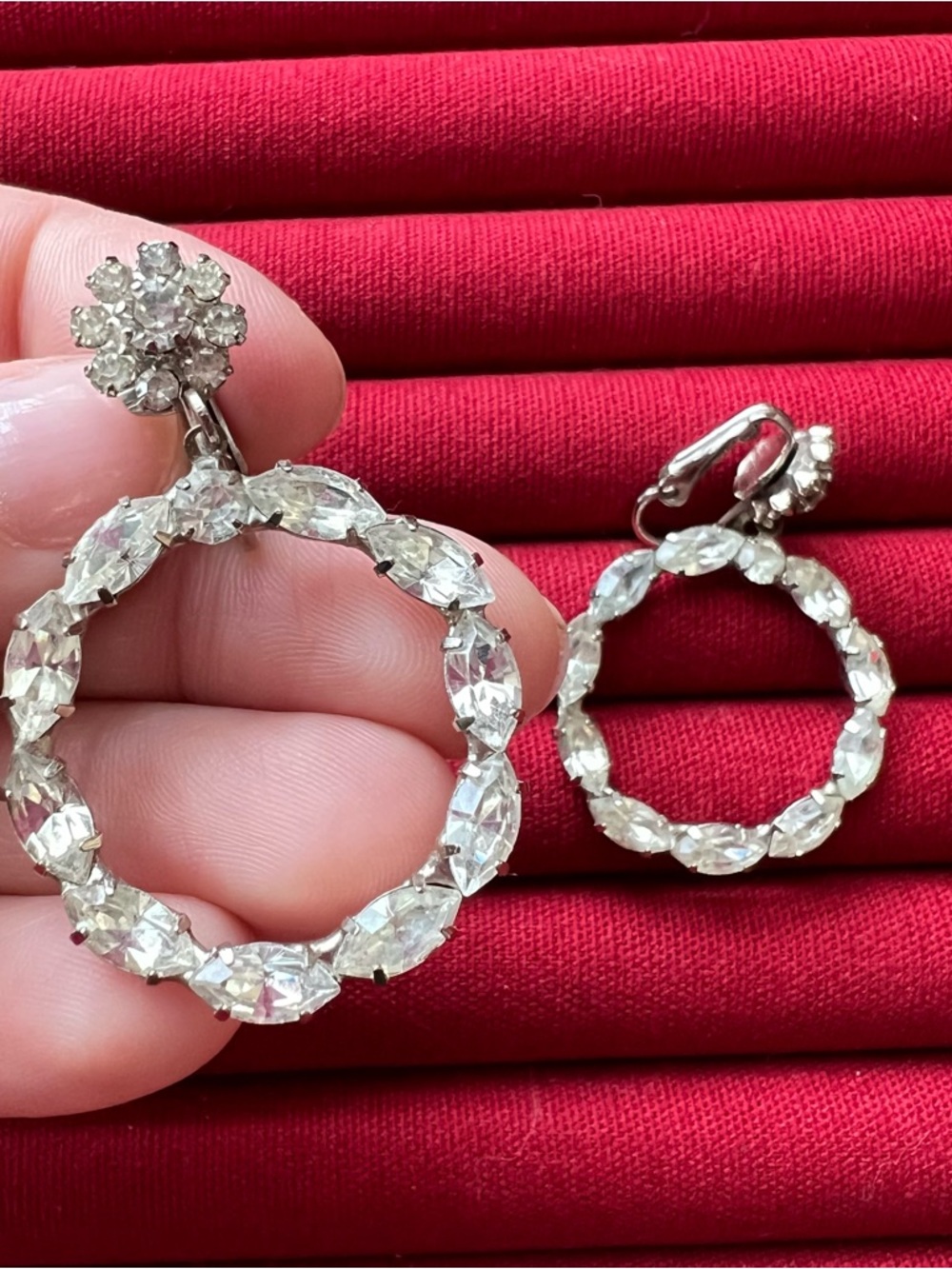 Crystal Hoop Drop Clip On Earrings - Silver Tone